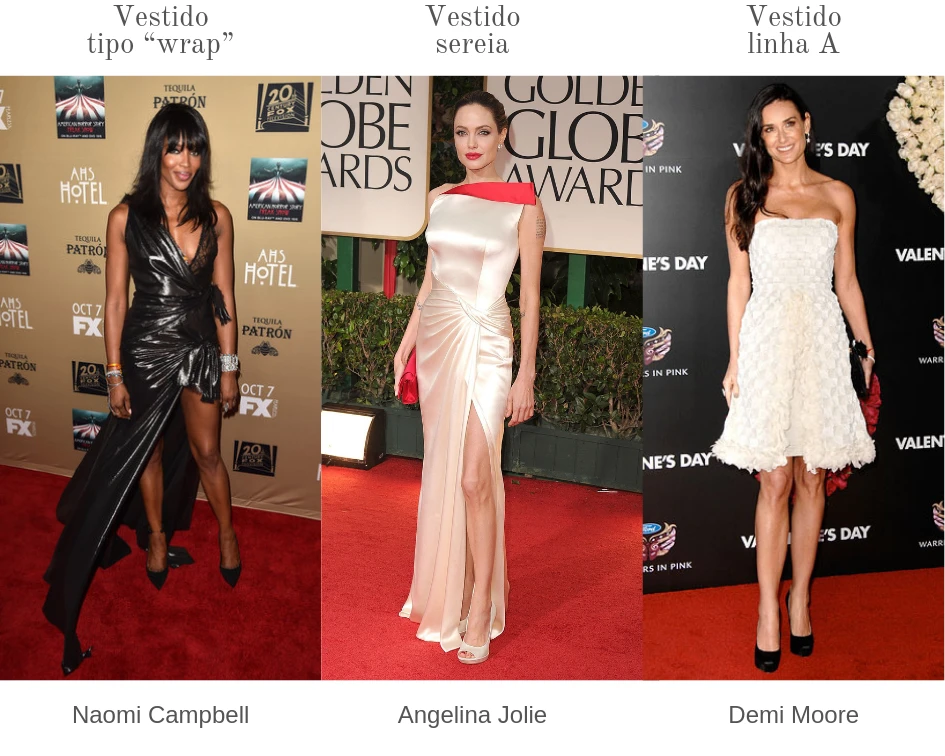 Big Closet - aluguer de vestidos e malas - corpo triângulo invertido - vestido wrap -  naomi campbell angelina jolie demi moore